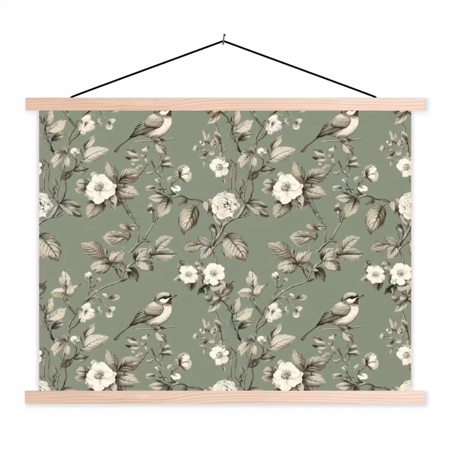 Botanisch - Vogels - Groen textielposter latten blank klein 122 -3d