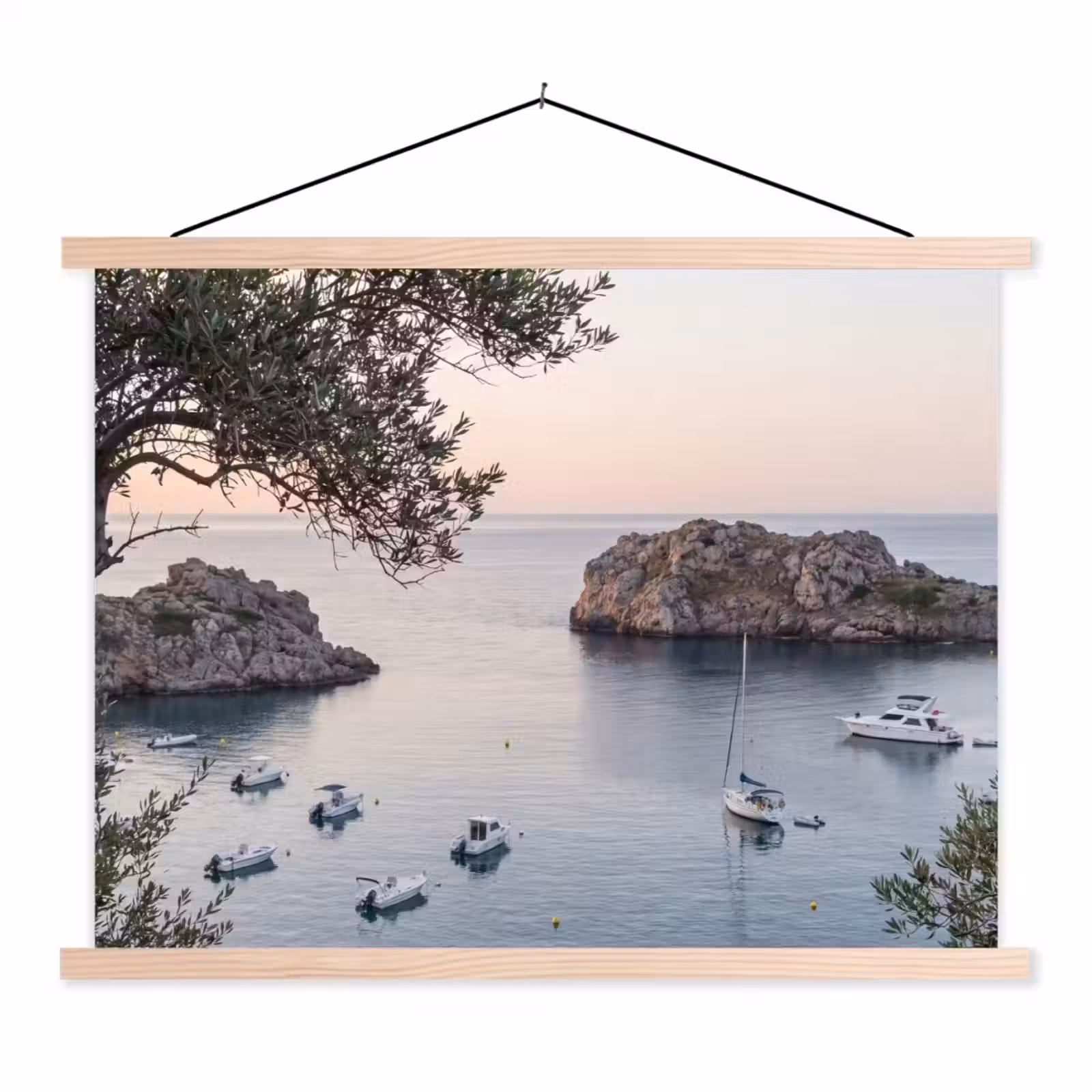 Stoffbild - Bucht – Boote – Sonnenuntergang - Baai - boten - zonsondergang textielposter latten blank klein