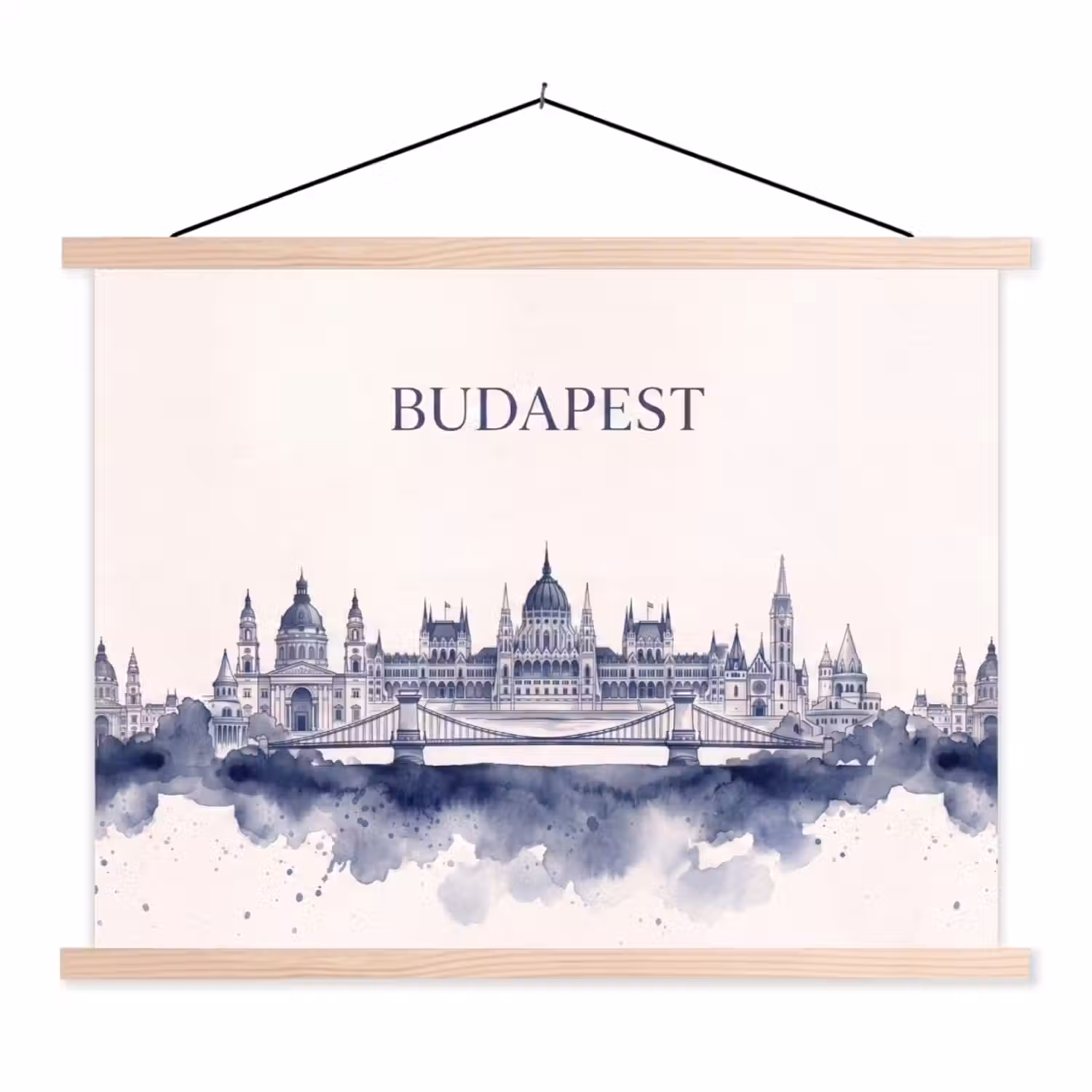 Boedapest - Skyline - Architectuur - Aquarel - Blauw textielposter latten blank klein -3d