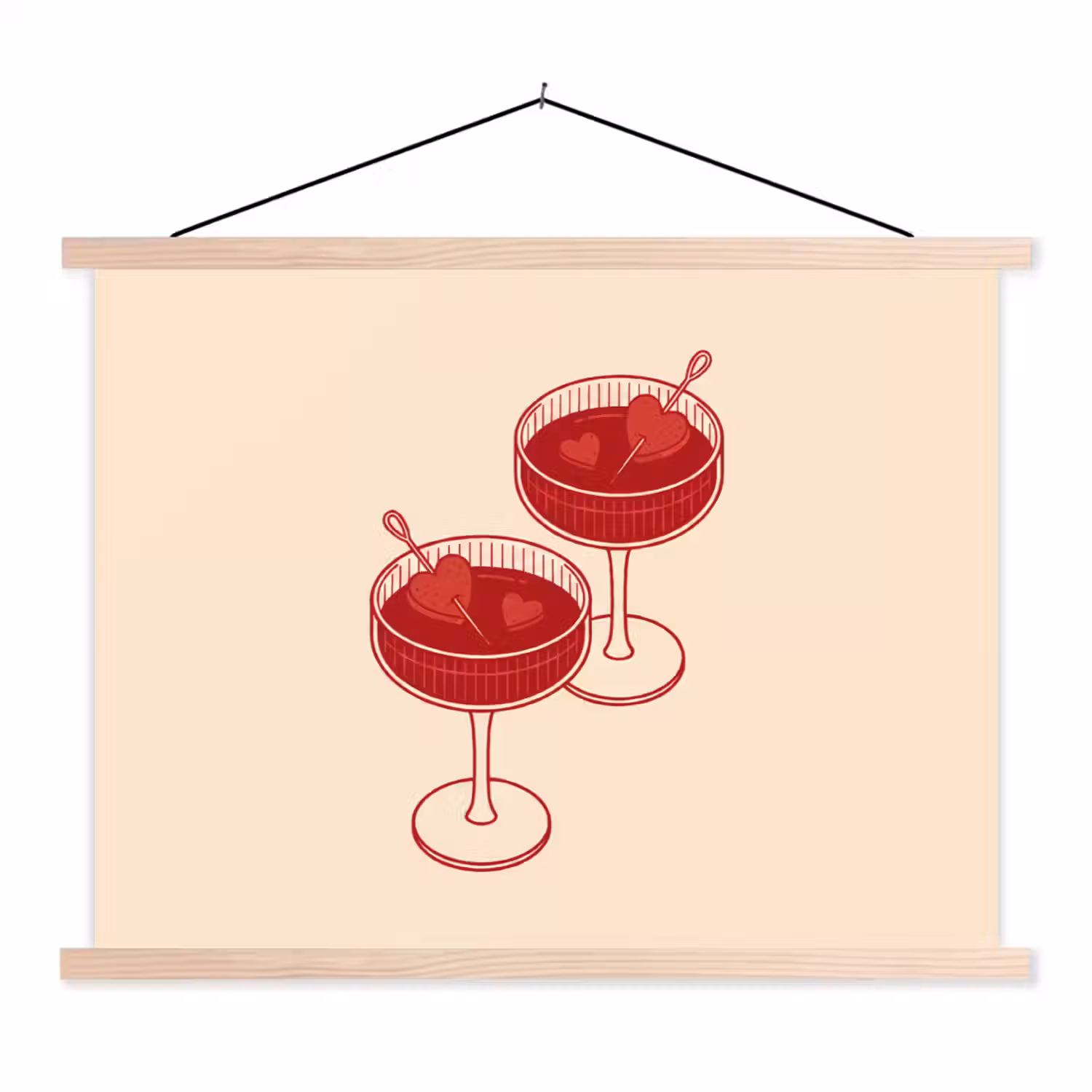 Cocktail - Hartjes - Liefde - Illustratie - Rood textielposter latten blank klein -3d