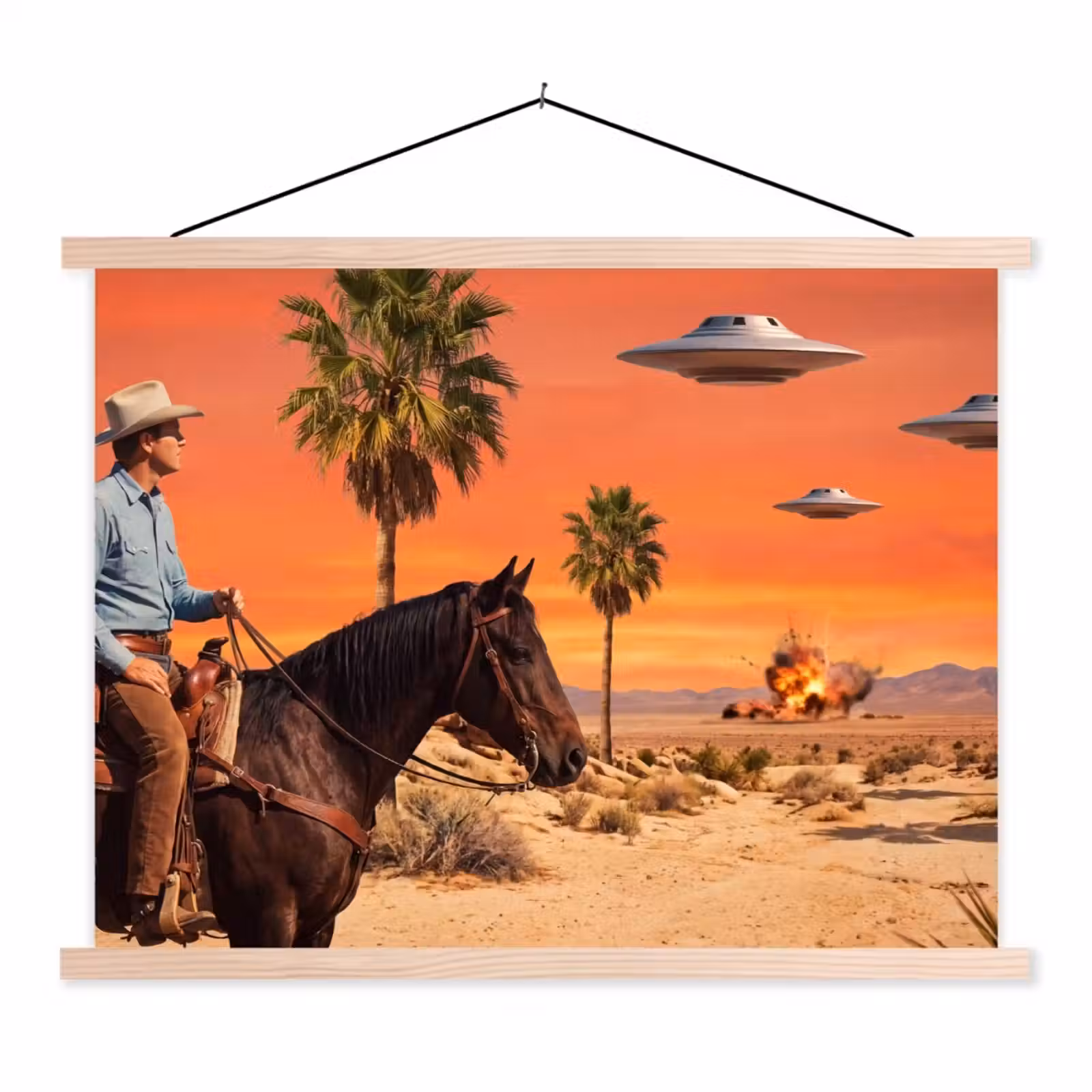 Stoffbild - Cowboy – Pferd – Wüste - Cowboy - Paard - Woestijn textielposter latten blank klein