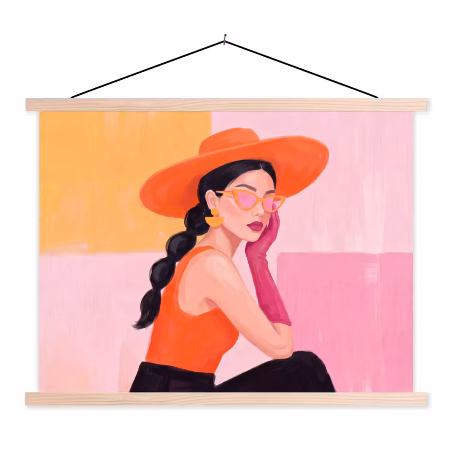 Vrouw - Hoed - Mode - Modern - Oranje textielposter latten blank klein -3d