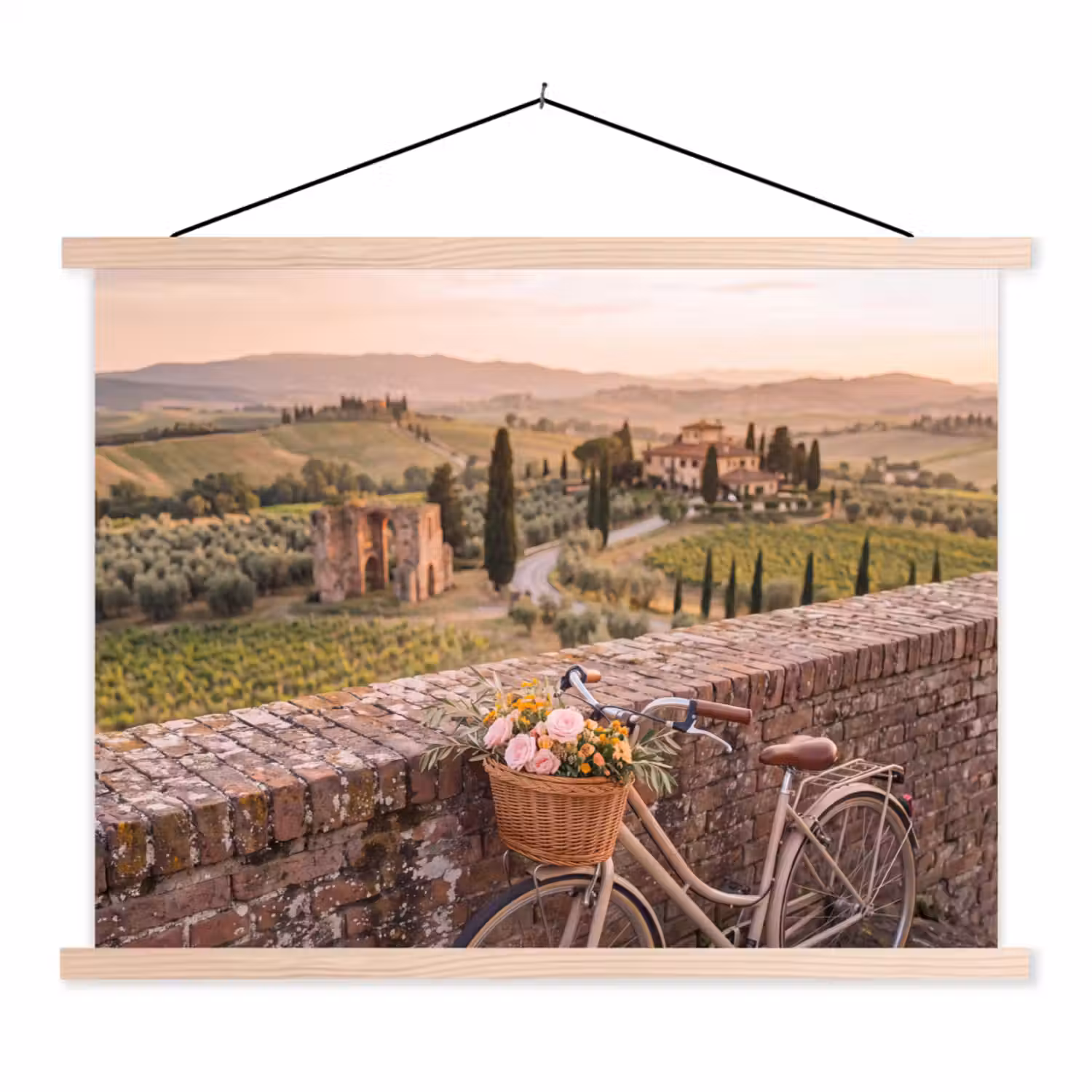 Fiets - Bloemen - Toscane - Landschap - Roze textielposter latten blank klein -3d