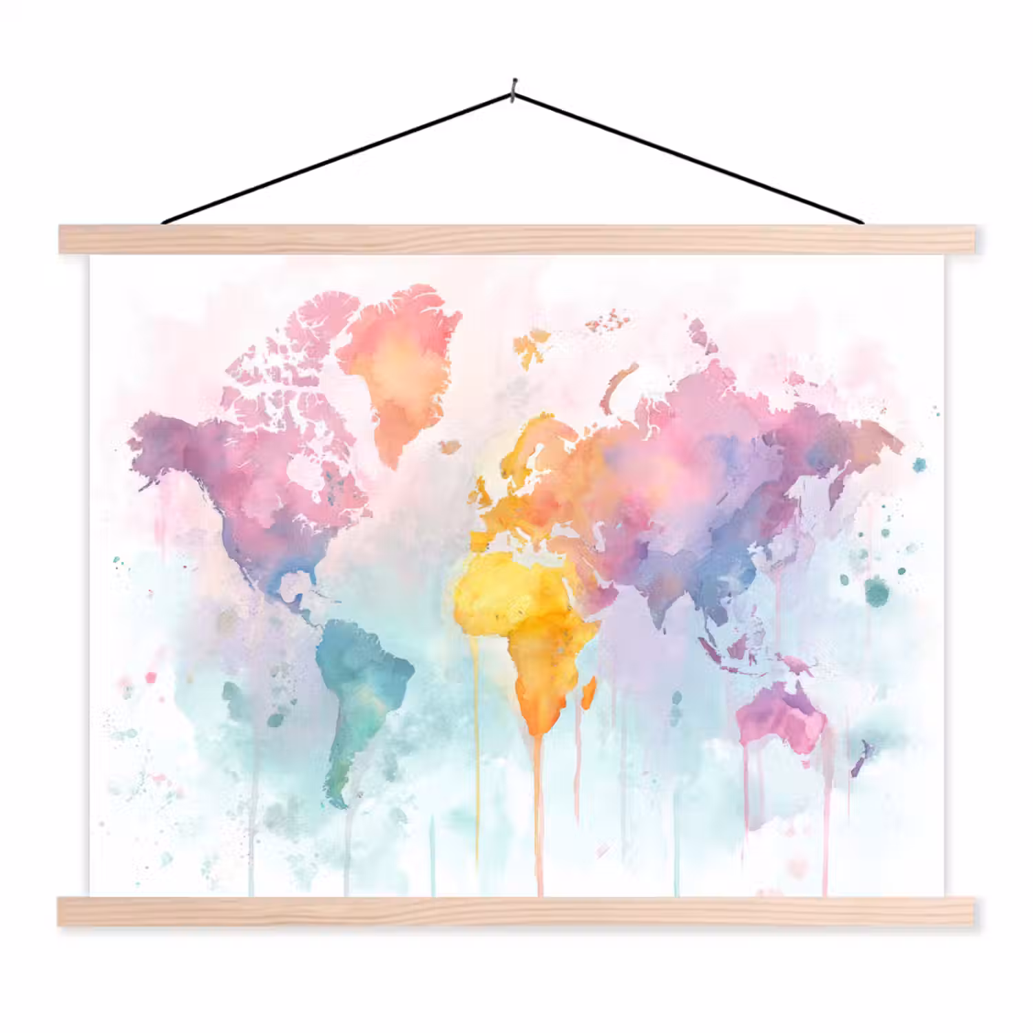 Verf - Pastelkleuren - Wereldkart textielposter latten blank klein -3d
