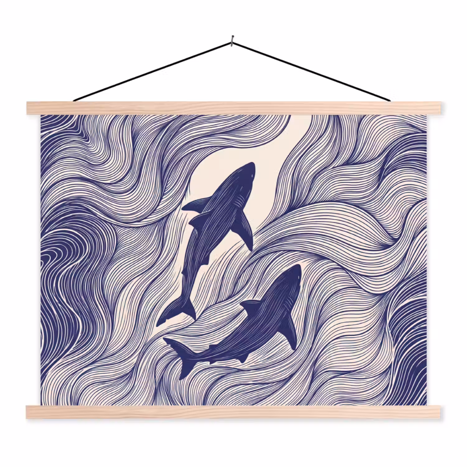 Vis - Oceaan - Lijntekening - Blauw - Dieren textielposter latten blank klein -3d