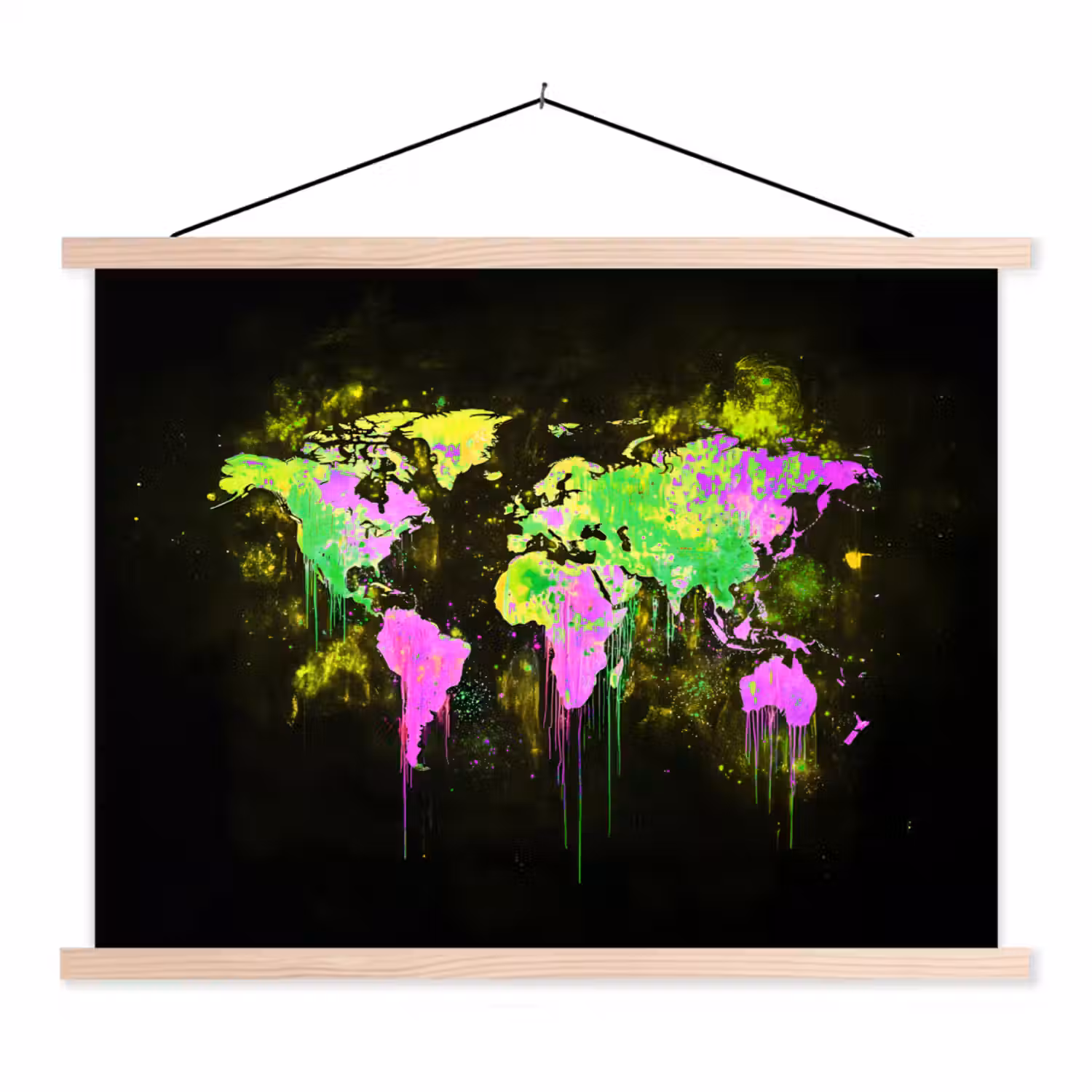 Fluorescerend - Wereldkaart - Druipen - Verf textielposter latten blank klein -3d