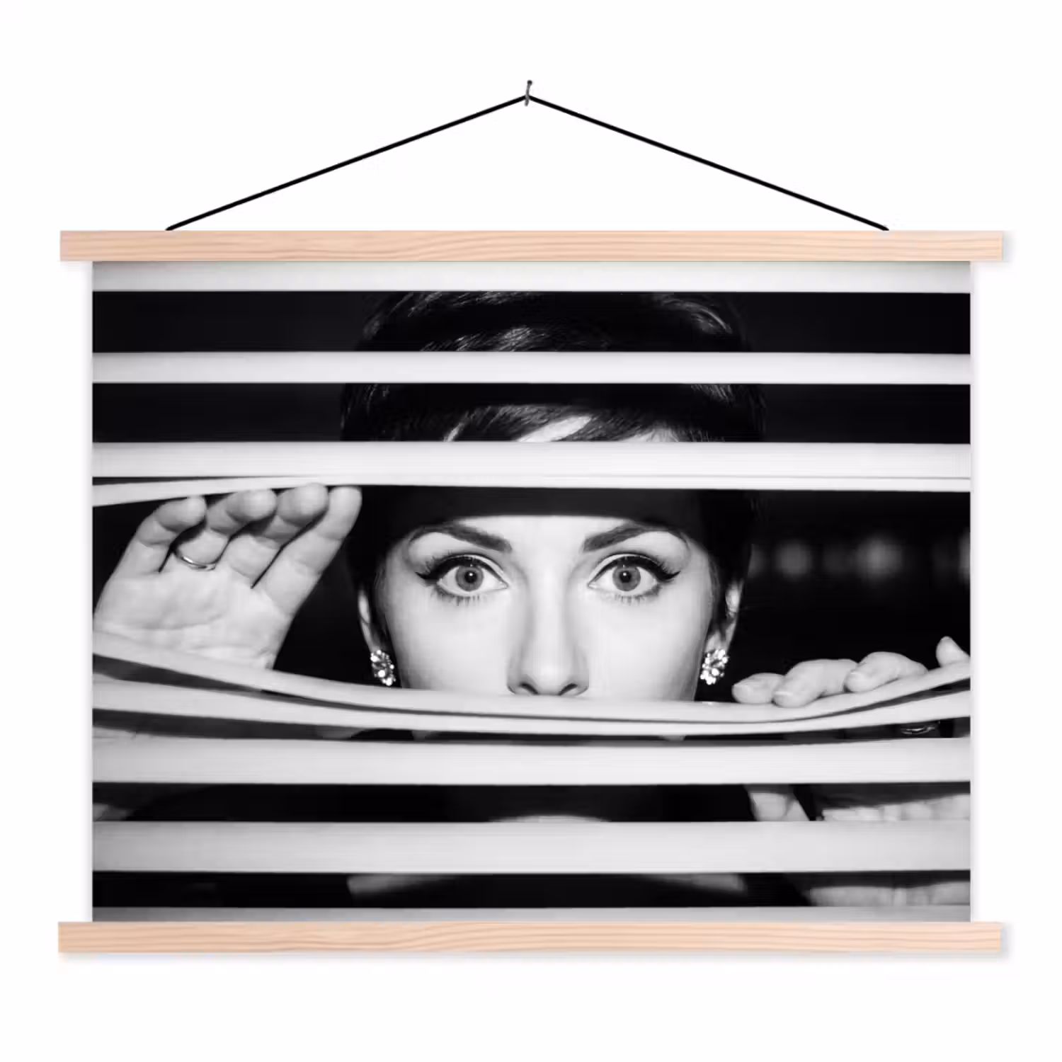 Vrouw - Jaloezieën - Portret - Zwart-wit textielposter latten blank klein -3d