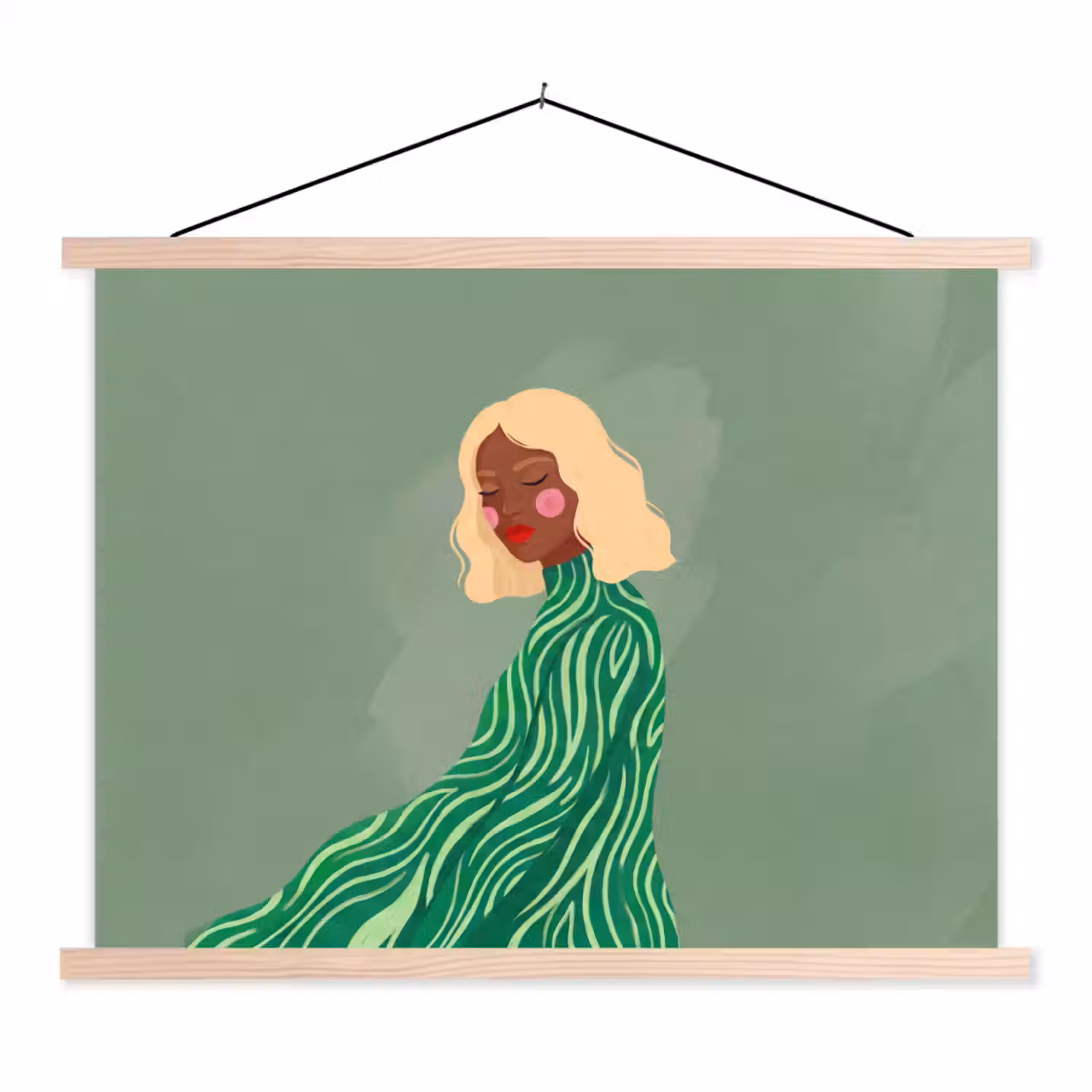 Vrouw - Portret - Illustratie - Modern - Groen textielposter latten blank klein -3d