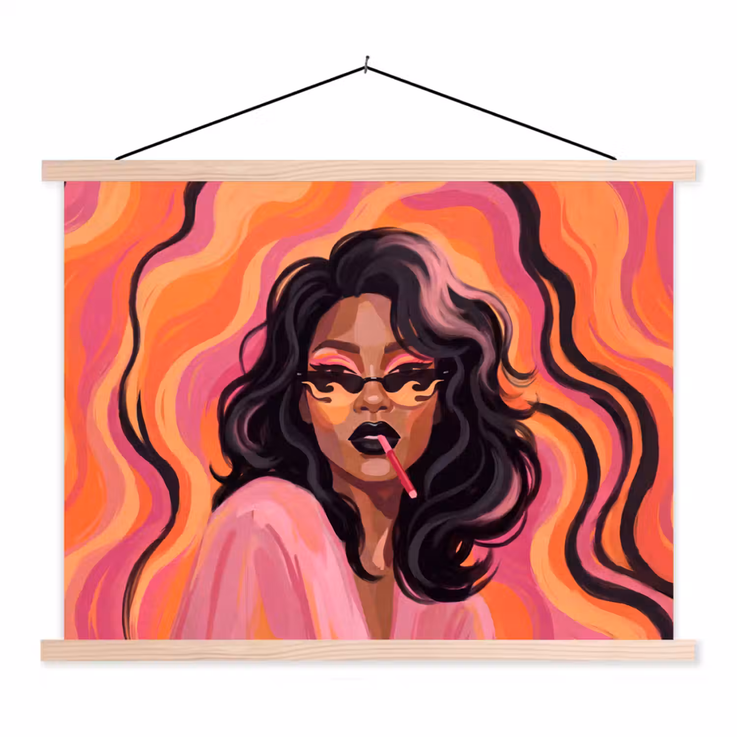Vrouw - Zonnebril - Modern - Portret - Oranje textielposter latten blank klein -3d