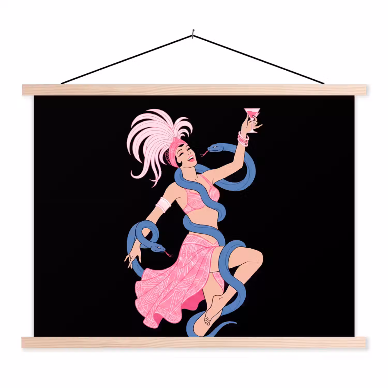 Vrouw - Danseres - Slangen - Art Deco - Roze textielposter latten blank klein -3d
