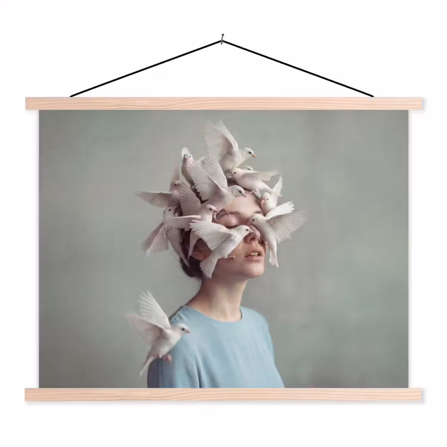 Vrouw - Vogels - Abstract - Modern - Wit textielposter latten blank klein -3d