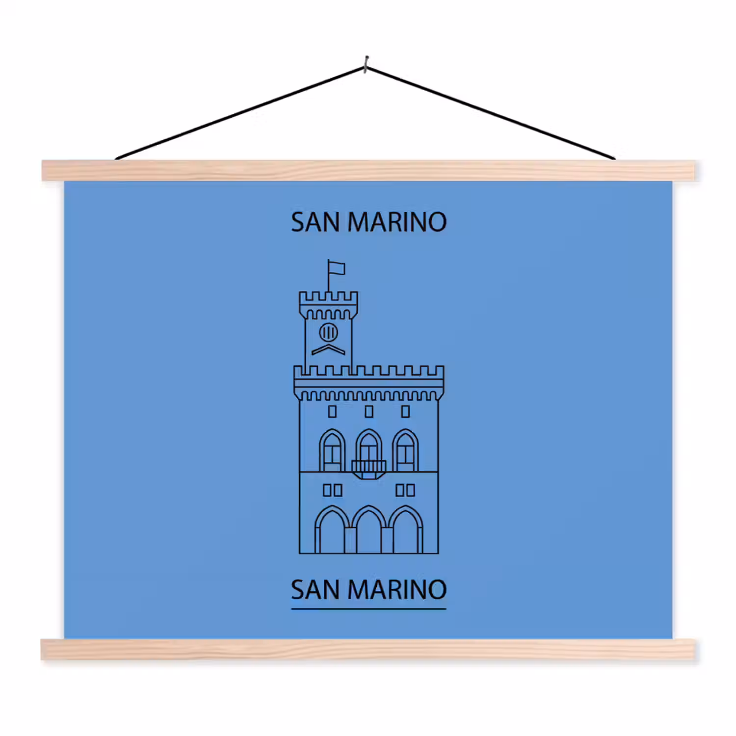 Gebouw - San Marino - Architectuur - Lijntekening - Blauw textielposter latten blank klein -3d