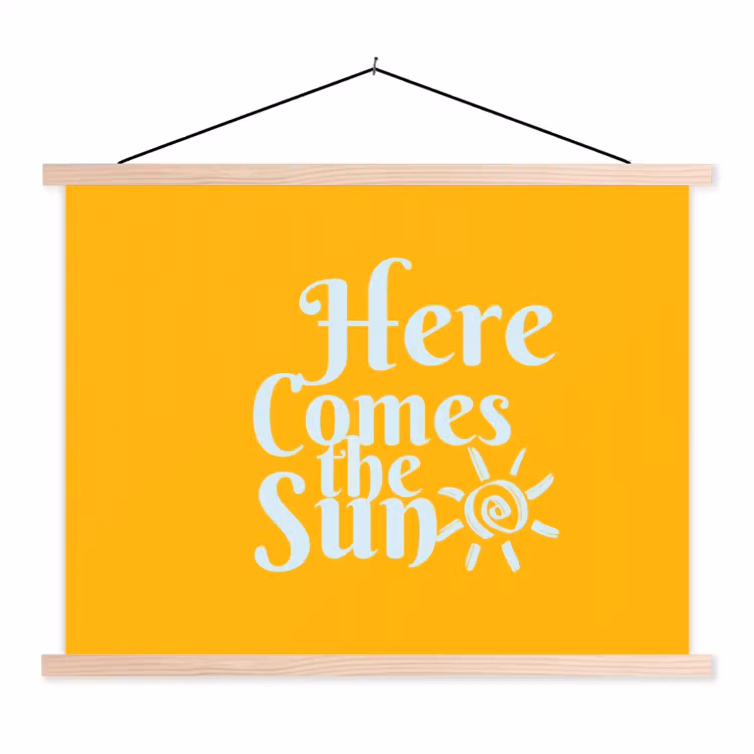 Geel - Blauw - Here comes the sun textielposter latten blank klein -3d