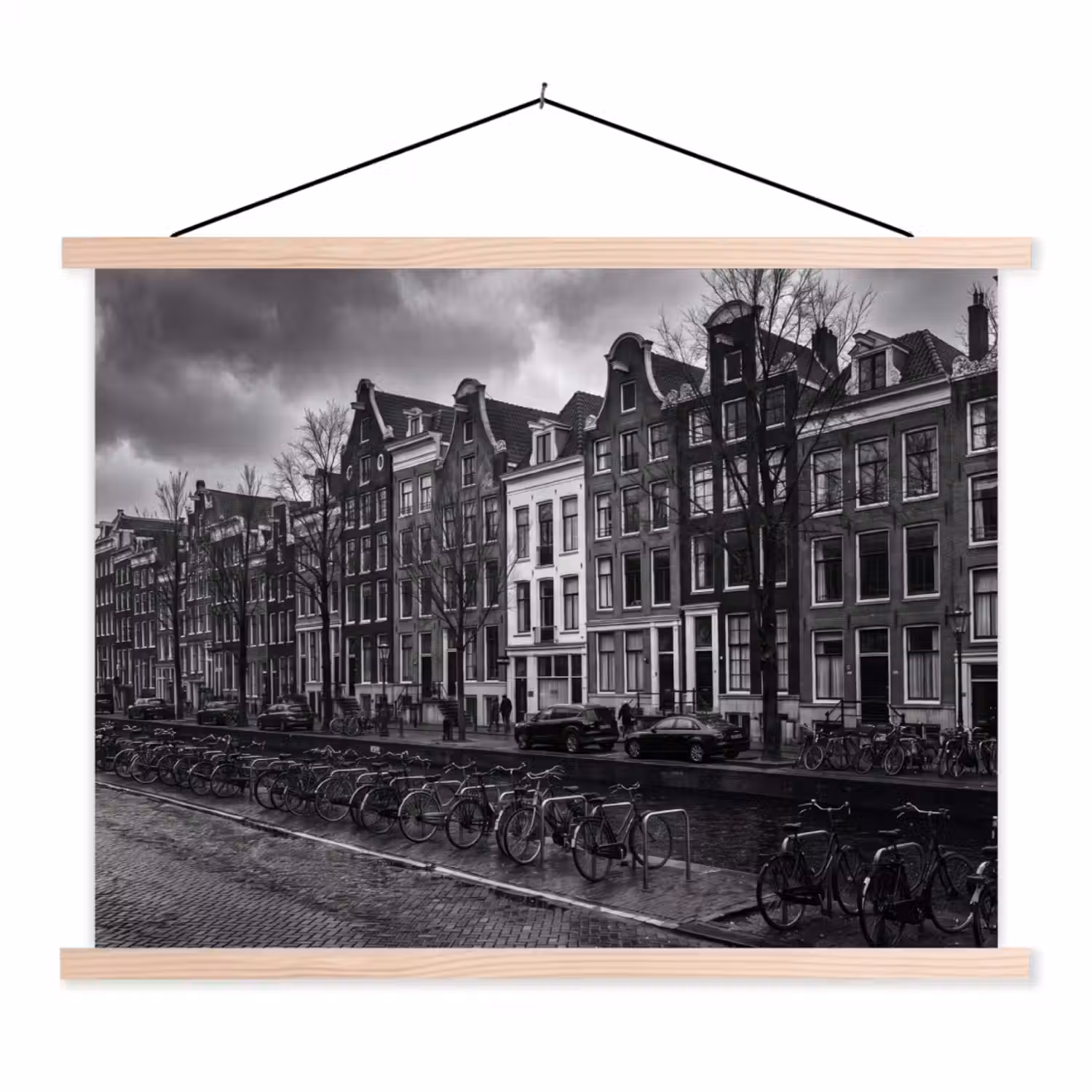 Huis - Gracht - Amsterdam - Architectuur - Zwart-wit textielposter latten blank klein -3d