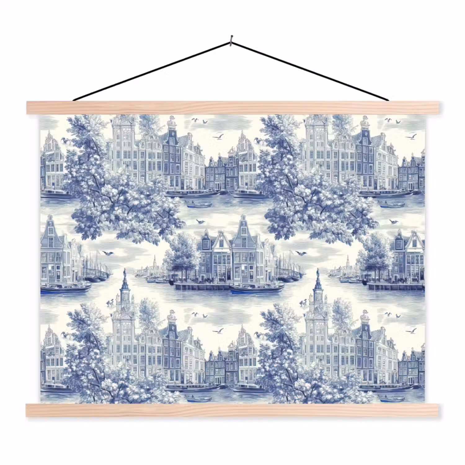 Huizen - Bomen - Water - Vogels - Blauw textielposter latten blank klein 122 -3d