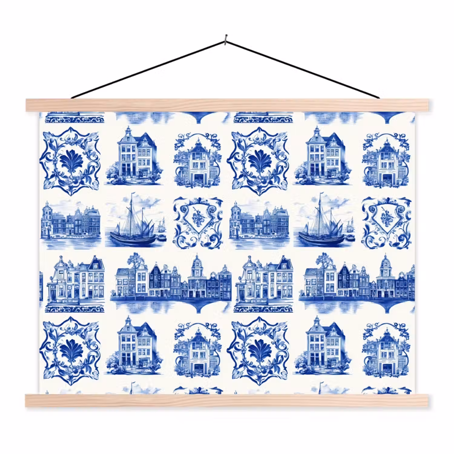 Huizen - Schepen - Blauw textielposter latten blank klein 122 -3d