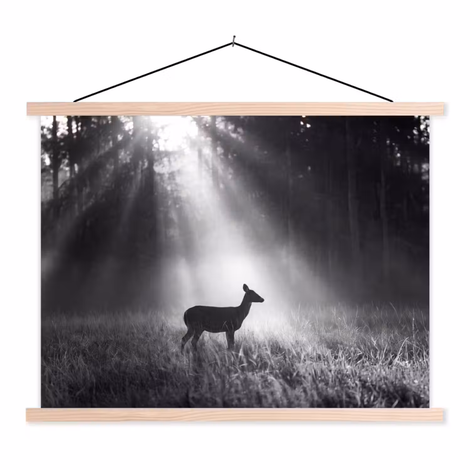 Hert - Bos - Zonnestralen - Zwart-wit - Natuur textielposter latten blank klein -3d