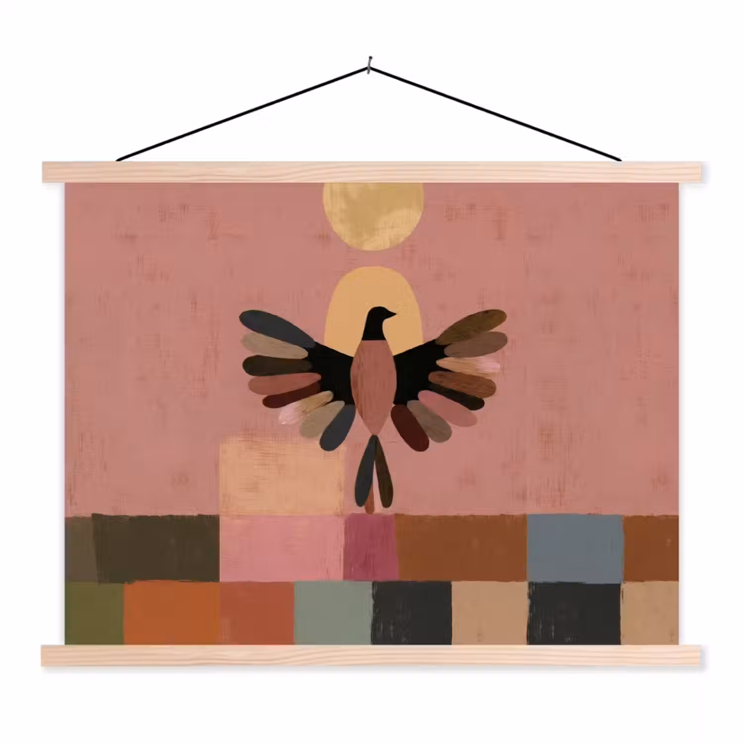 Illustratie - Vogel - Vlakken - Kleurrijk textielposter latten blank klein -3d