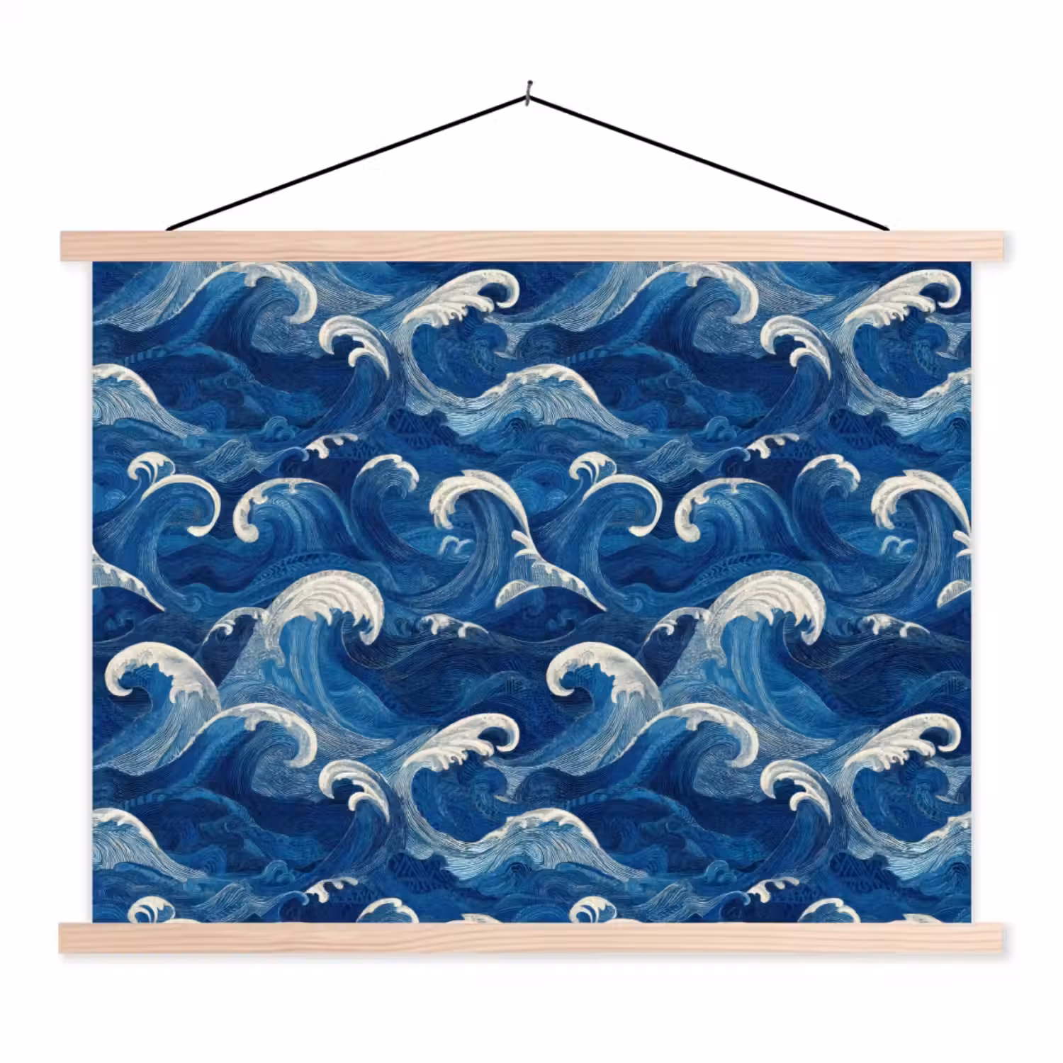 Japans - Oceaan - Golven - Blauw textielposter latten blank klein 122 -3d