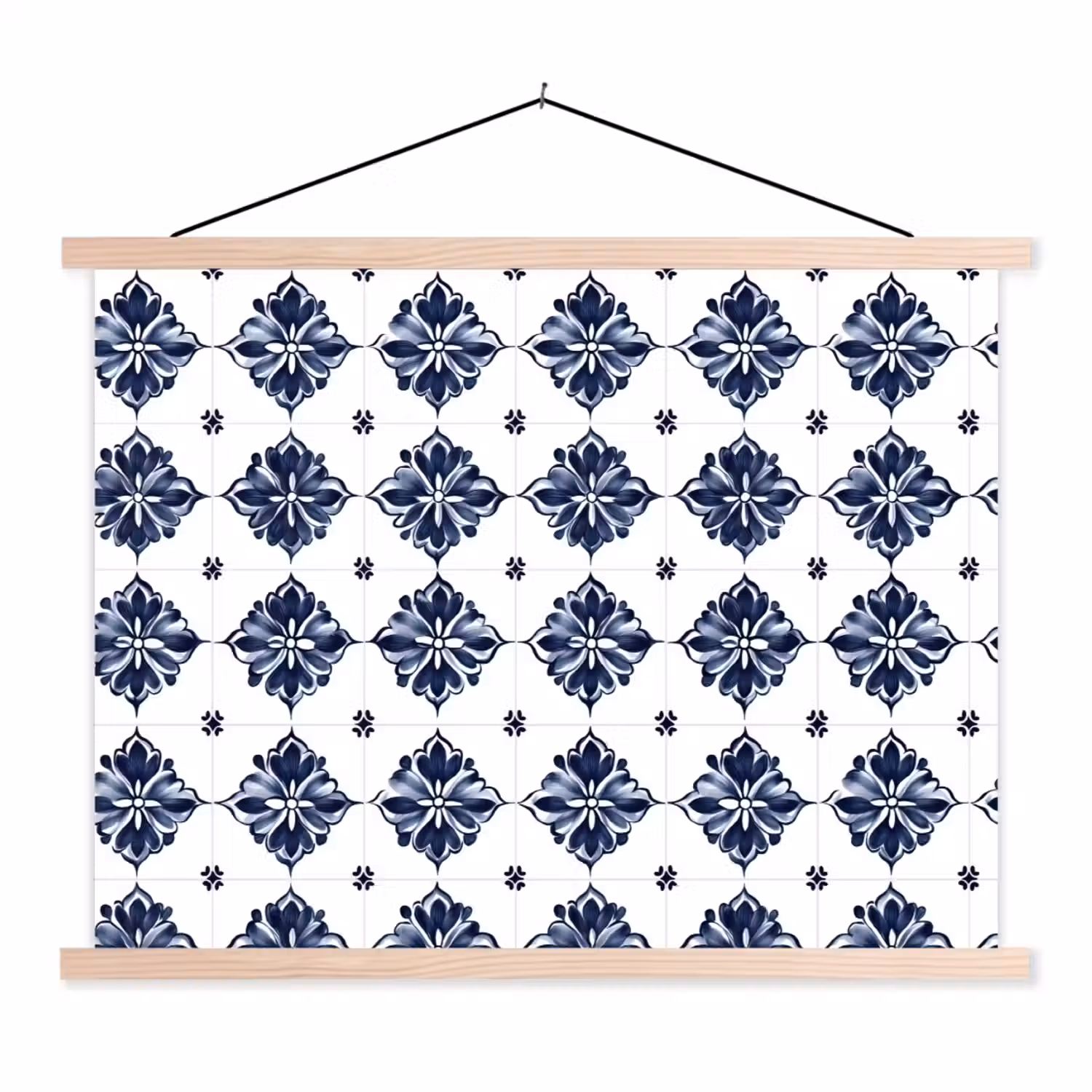 Tegelmotief - Blauw - Wit - Bloem textielposter latten blank klein 122 -3d