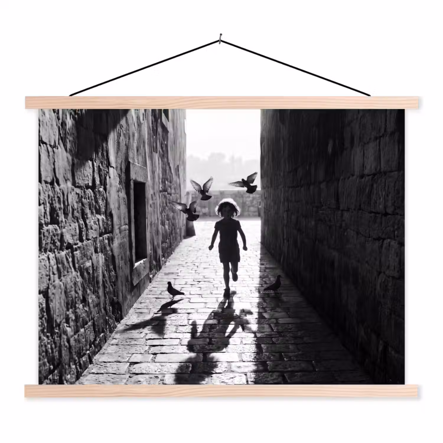Kind - Vogel - Straat - Zwart-wit - Spelen textielposter latten blank klein -3d