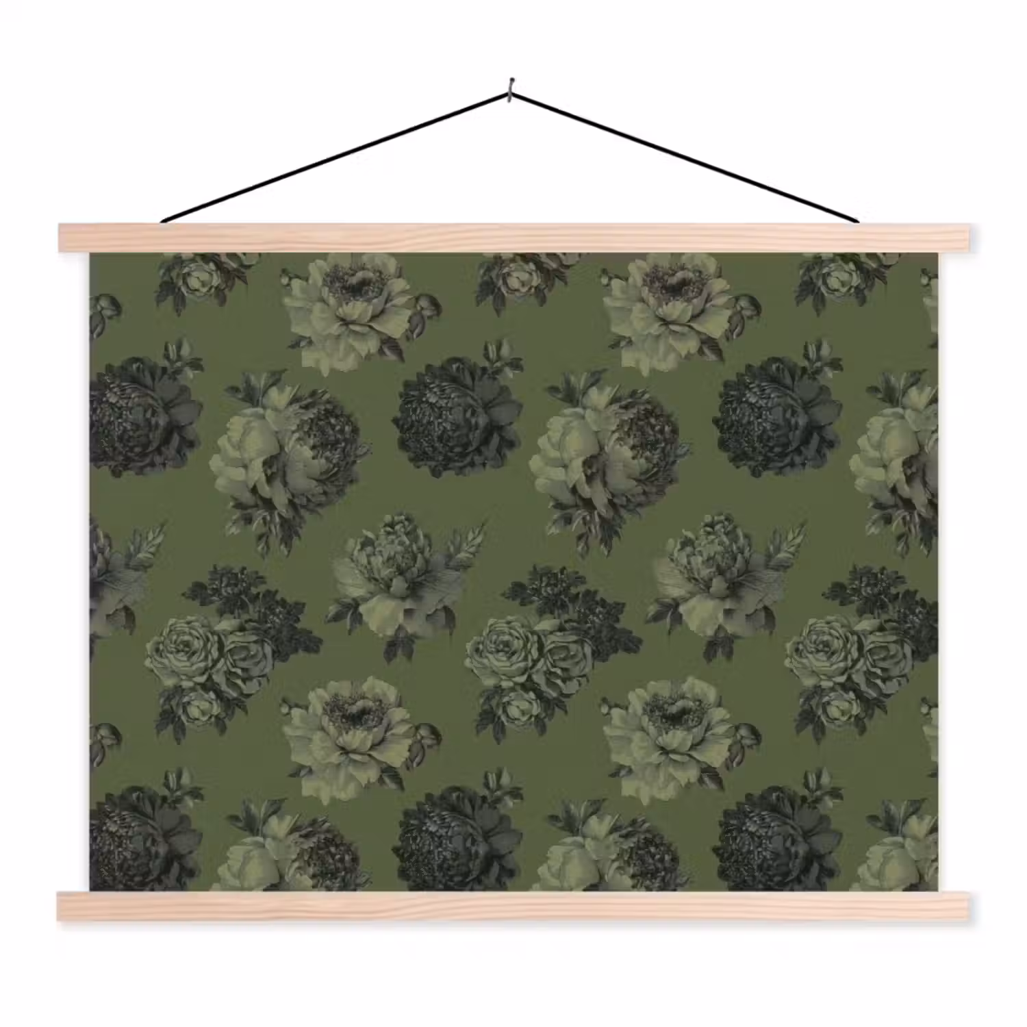 Klassiek - botanisch - olijfgroen - bloemen textielposter latten blank klein 122 -3d