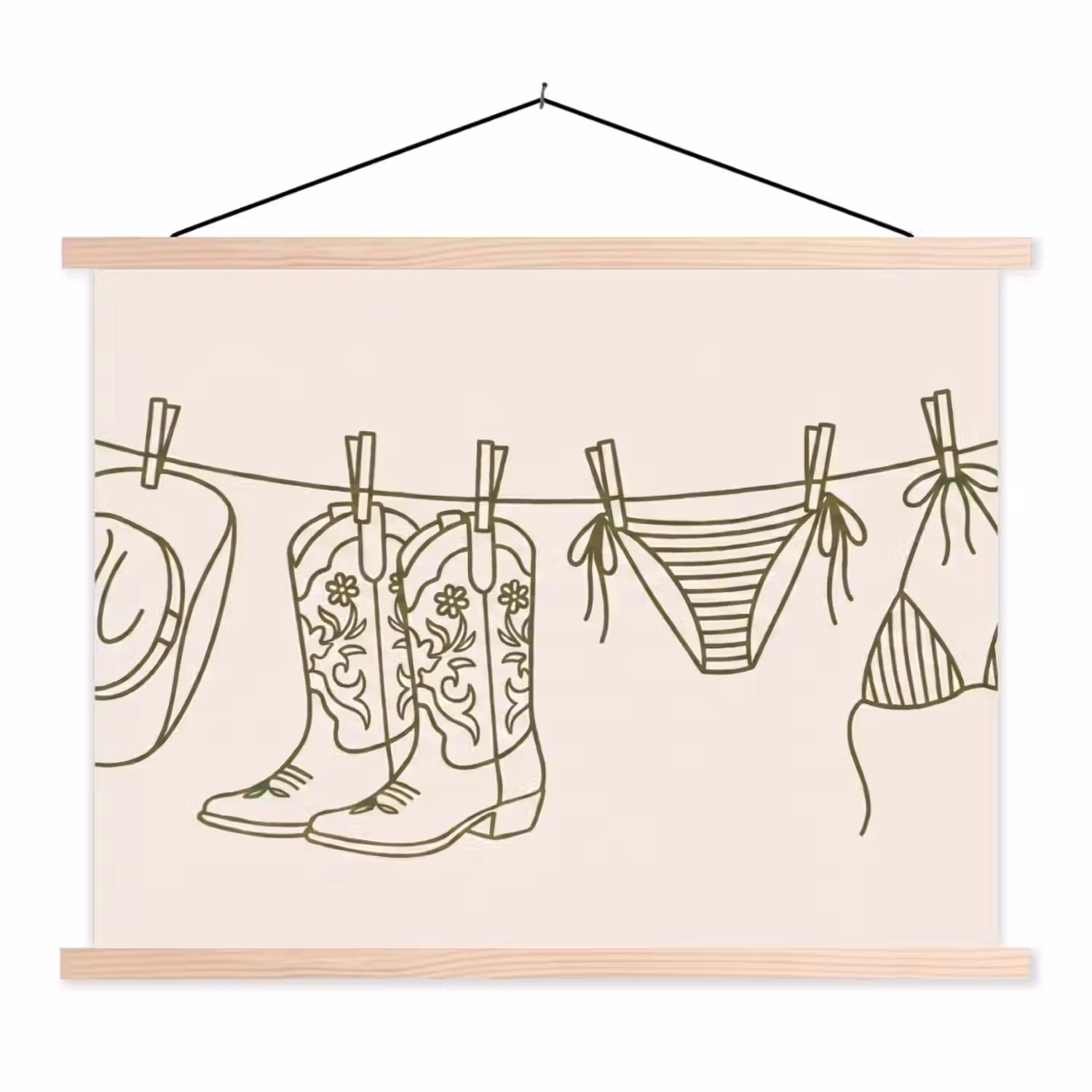 Kleding - Waslijn - Zomer - Lijntekening - Groen textielposter latten blank klein -3d