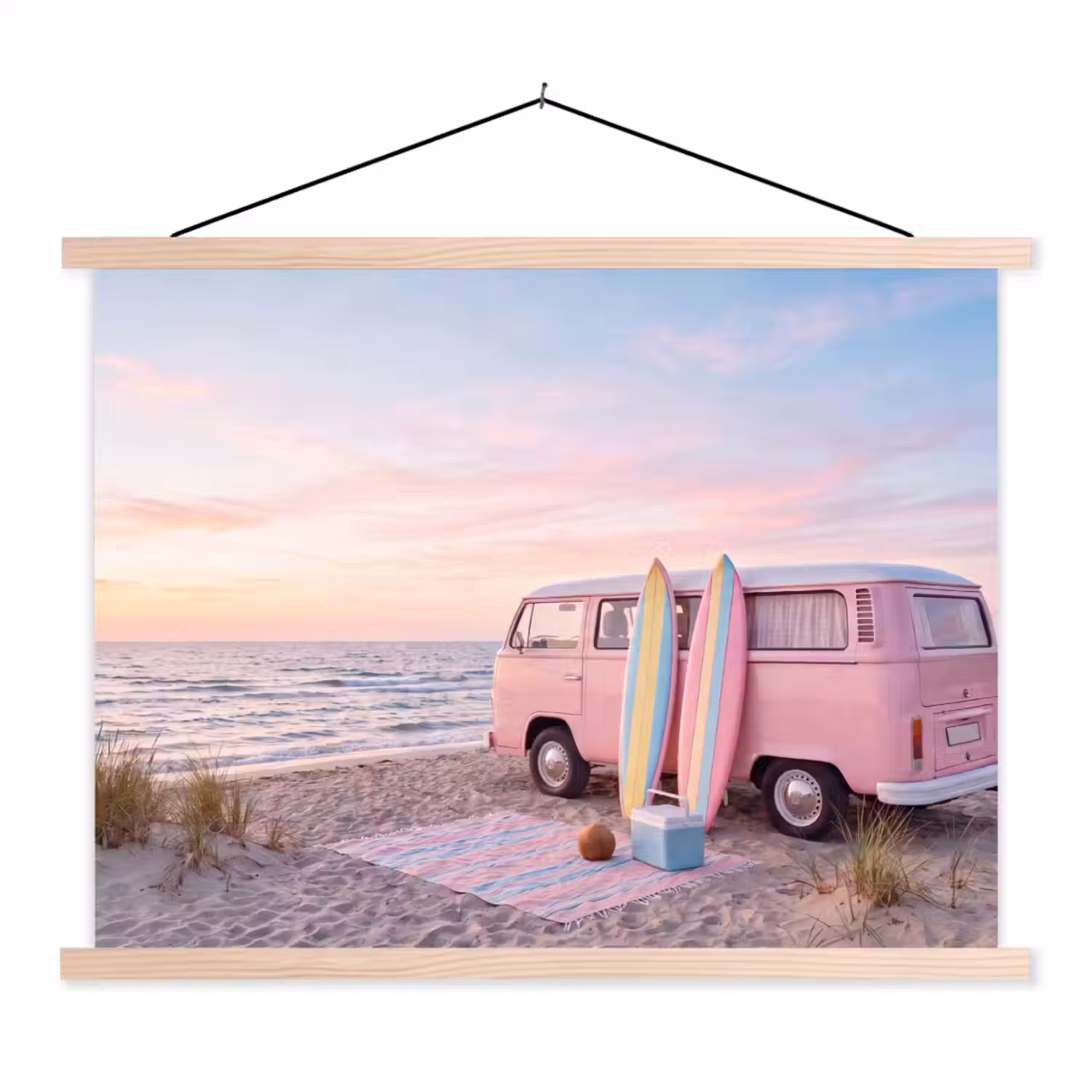 Busje - Strand - Surfplank - Zomer - Roze textielposter latten blank klein -3d