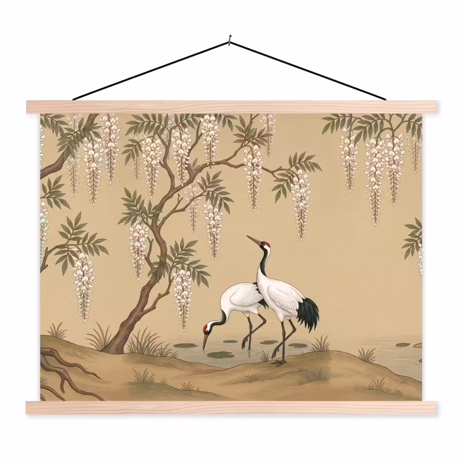 Kraanvogels - Water - Beige textielposter latten blank klein -3d