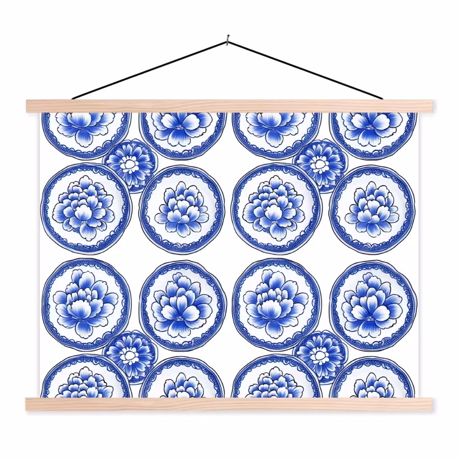 Cirkels - Bloemen - Blauw textielposter latten blank klein 122 -3d
