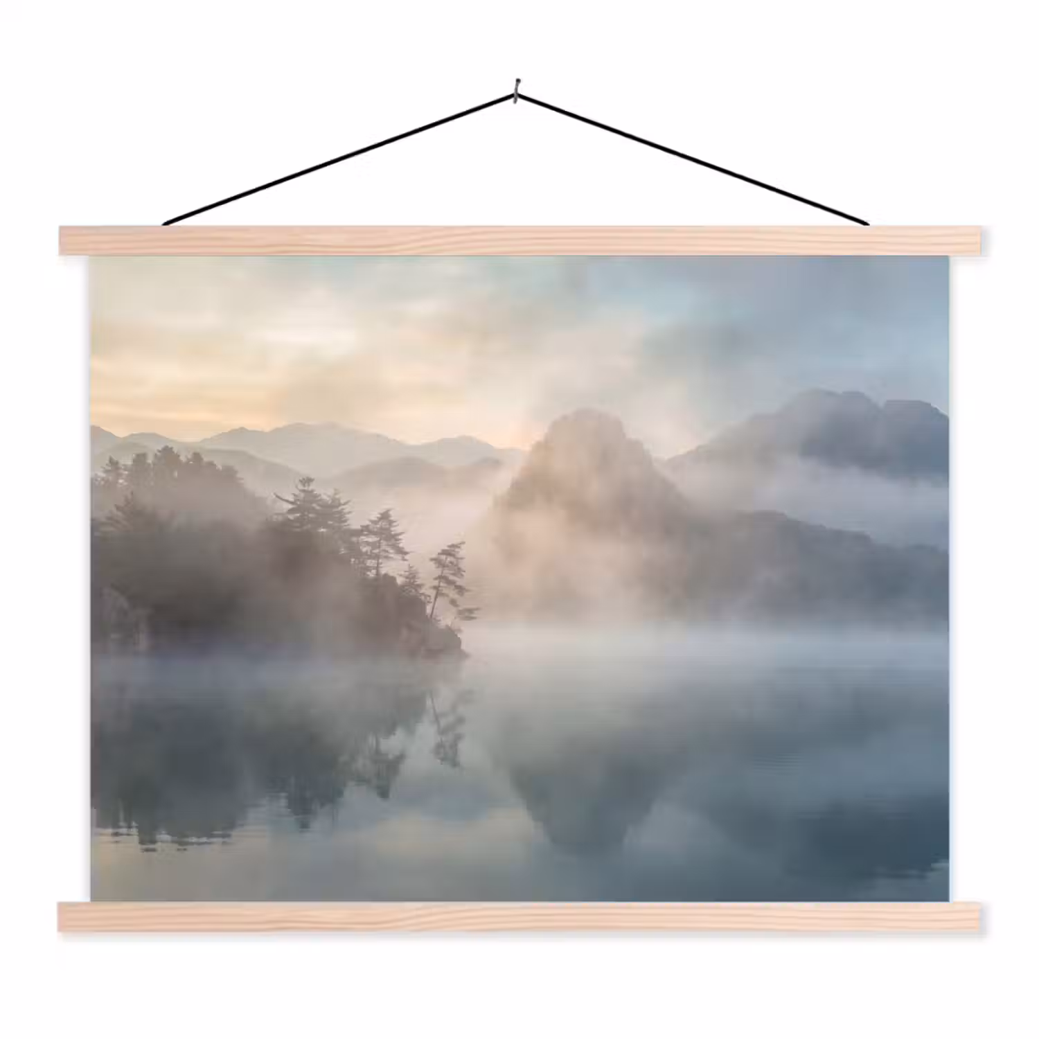 Landschap - Bergen - Mist - Water - Natuur textielposter latten blank klein -3d