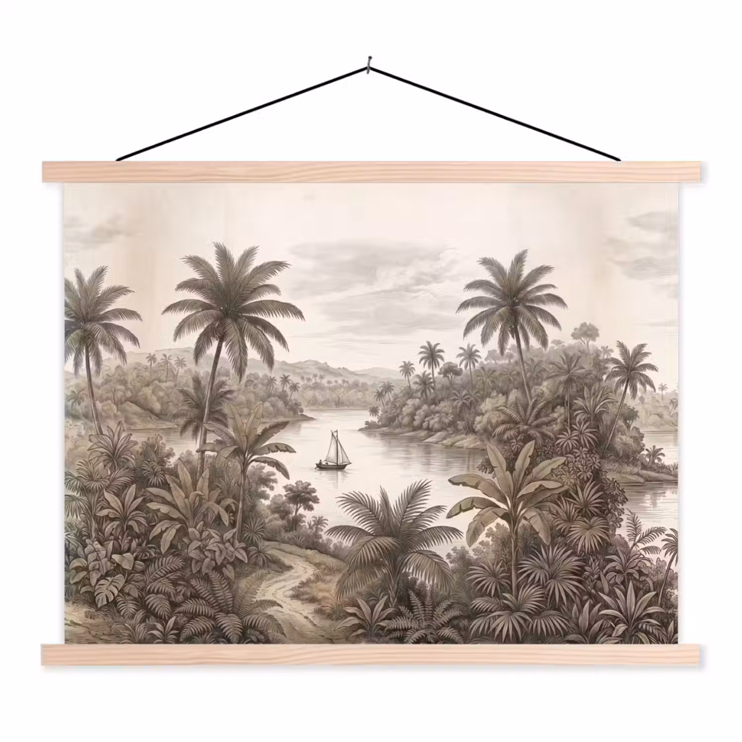Landschap - Rivier - Boot - Tropisch - Vintage textielposter latten blank klein -3d