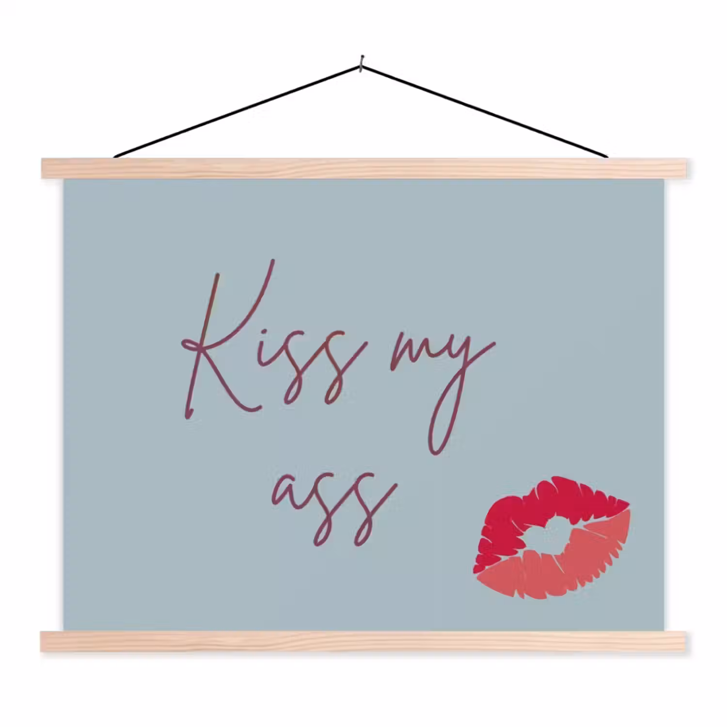 Kiss my ass - Lip - Blauw textielposter latten blank klein -3d