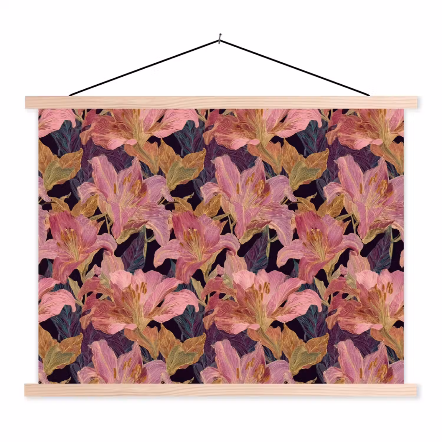 Lelies - Patroon - Roze - Goud textielposter latten blank klein 122 -3d