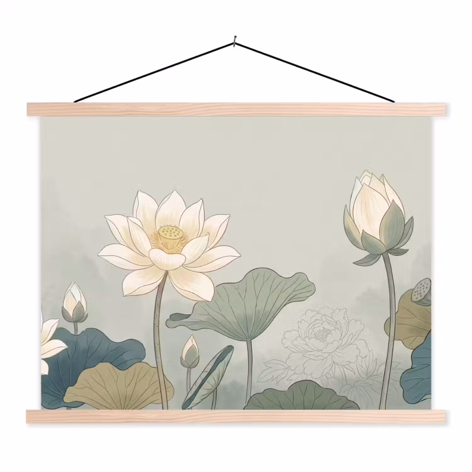 Lotus - Bloemen - Groen textielposter latten blank klein -3d