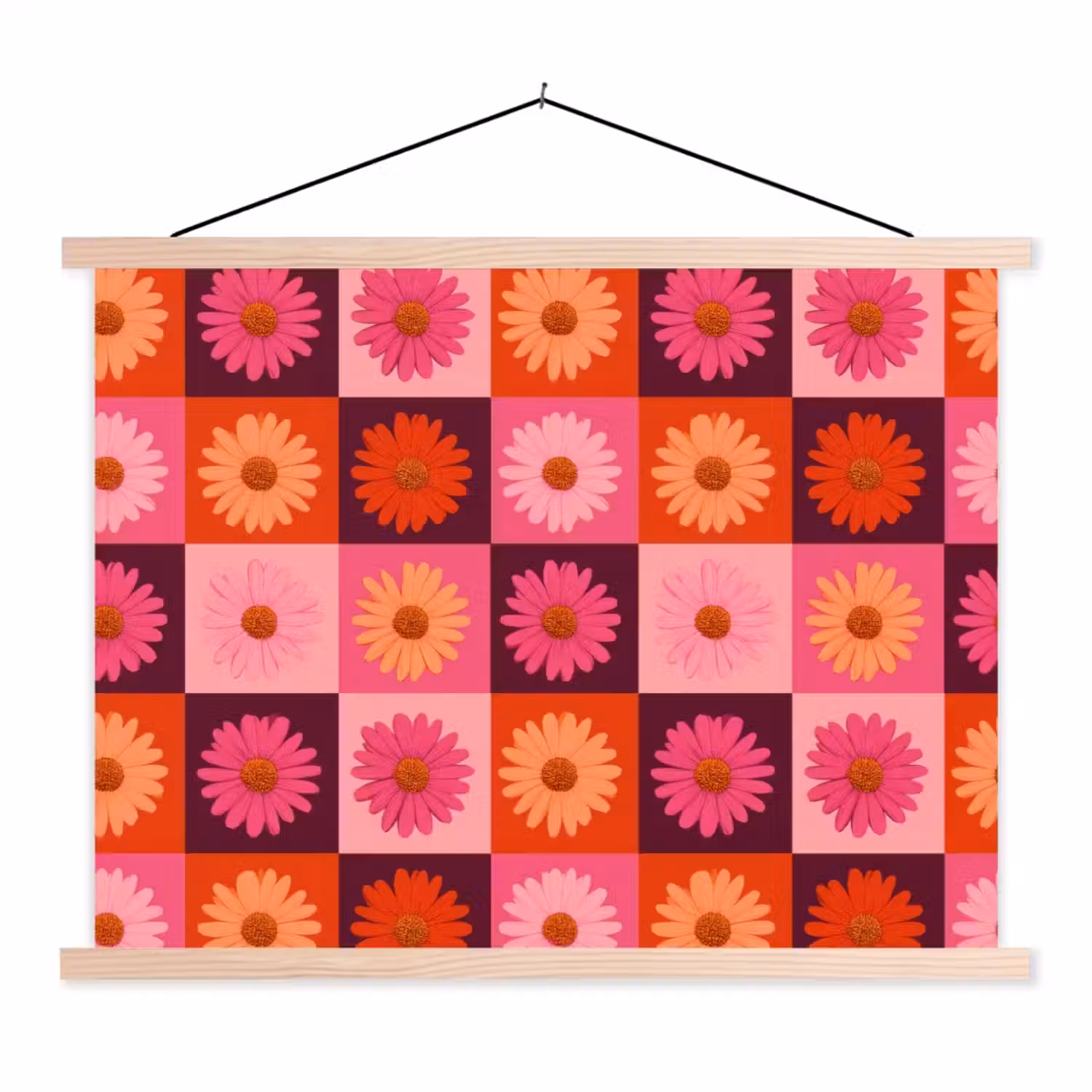 Madeliefjes - Dambord - Retro - Roze - Oranje textielposter latten blank klein 122 -3d