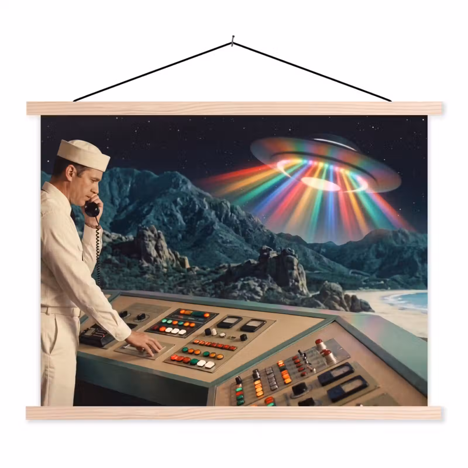 Stoffbild - Mann – Kontrollraum – Strand - Man - Controlekamer - Strand textielposter latten blank klein