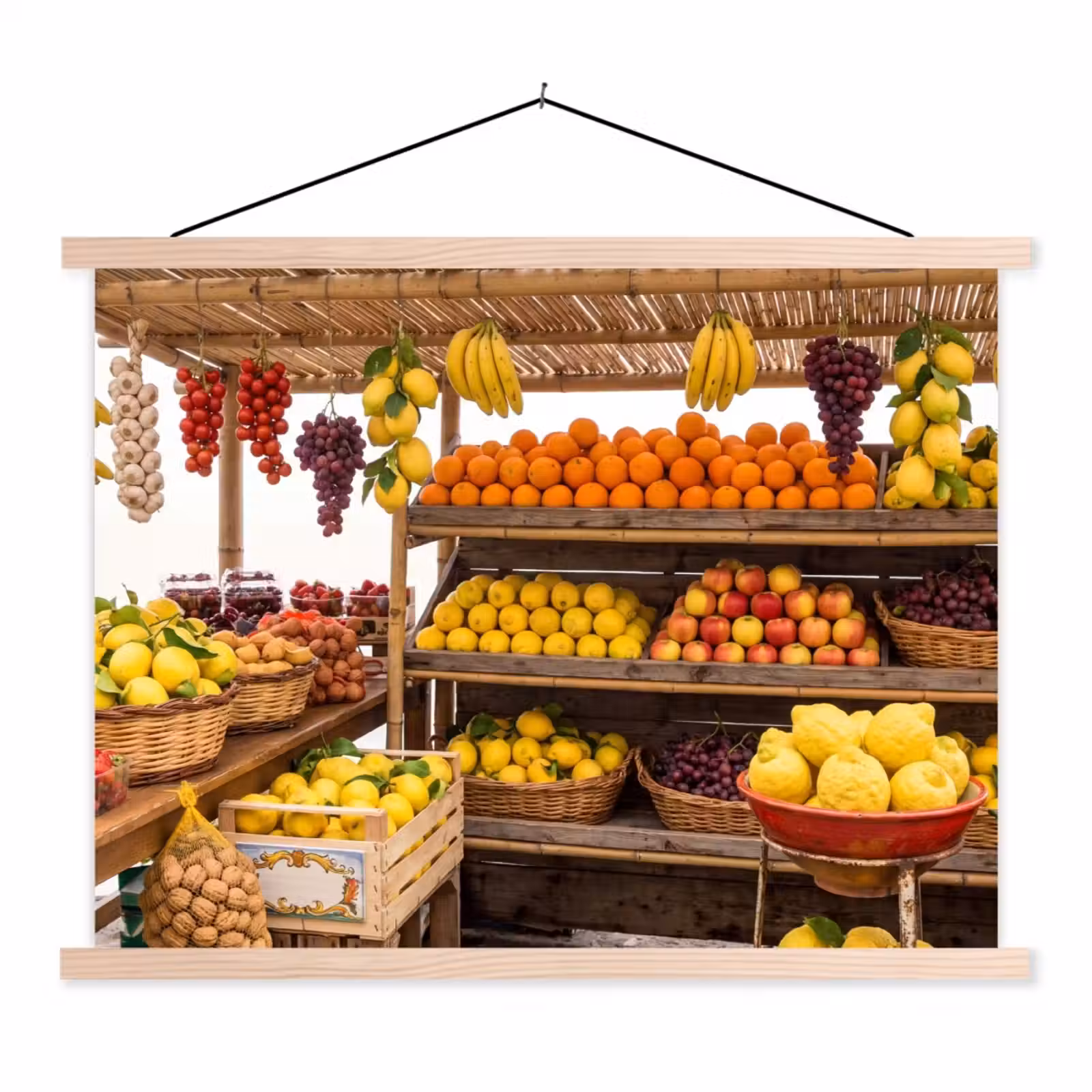 Stoffbild - Marktstand – Obst – Frisch - Marktkraam - Fruit - Vers textielposter latten blank klein