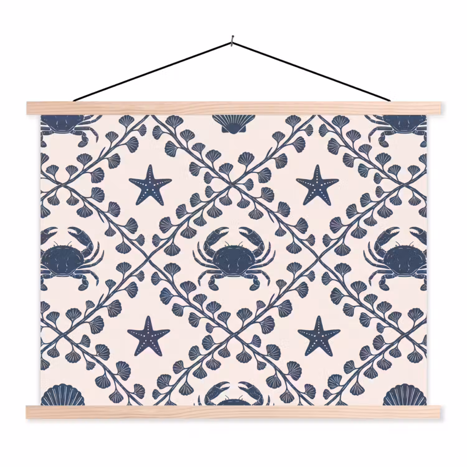 Zee - Krab - Zeester - Patroon - Blauw textielposter latten blank klein -3d