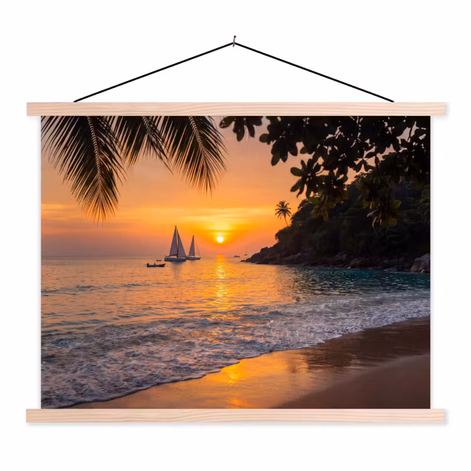 Zee - Zonsondergang - Boot - Natuur - Oranje textielposter latten blank klein -3d