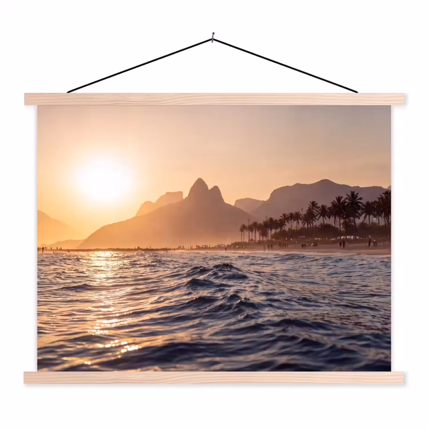 Zee - Golven - Zonsondergang - Kust - Goud textielposter latten blank klein -3d
