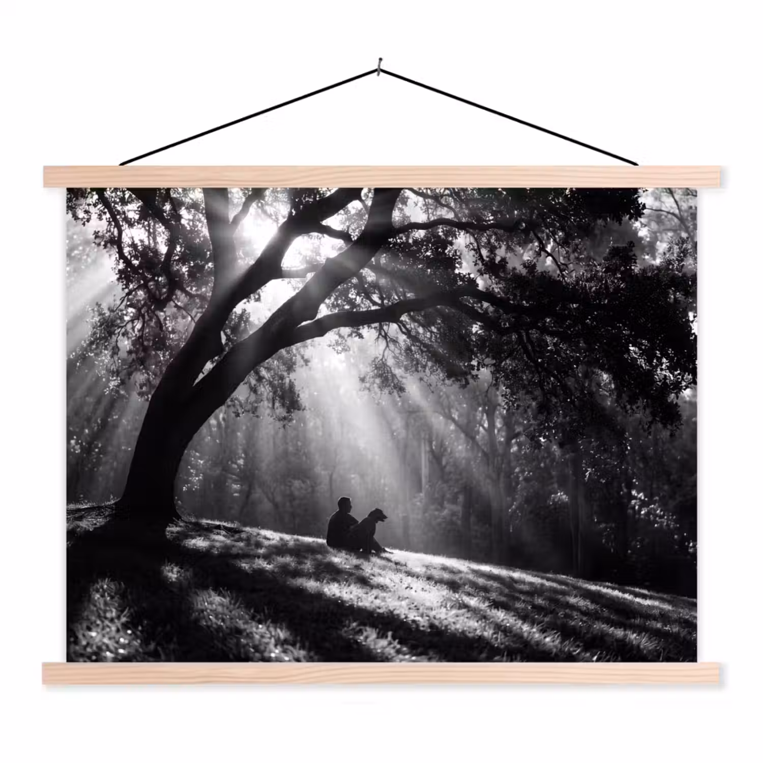Mens - Hond - Natuur - Zwart-wit - Silhouet textielposter latten blank klein -3d