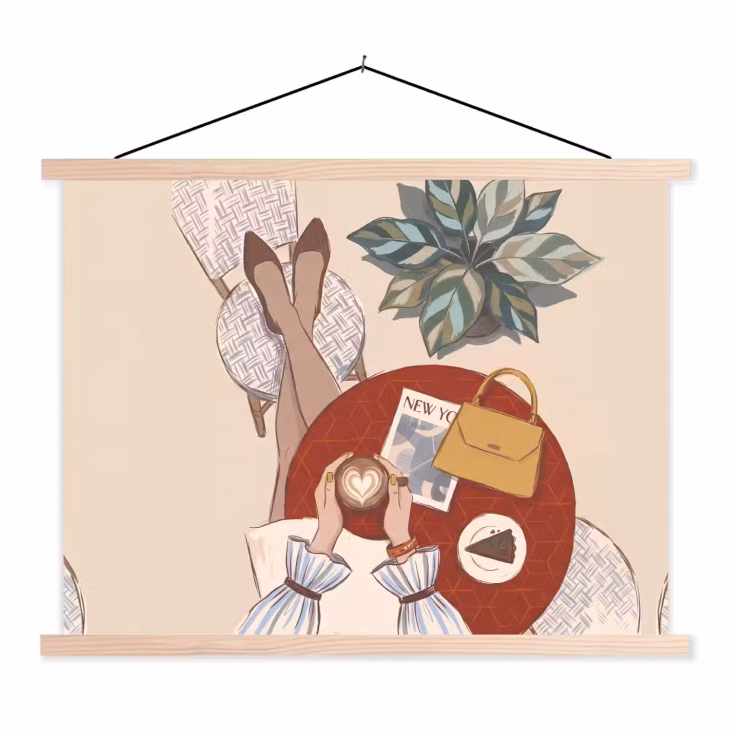 Mensen - Cafe - Koffie - Stadsleven - Modern textielposter latten blank klein -3d