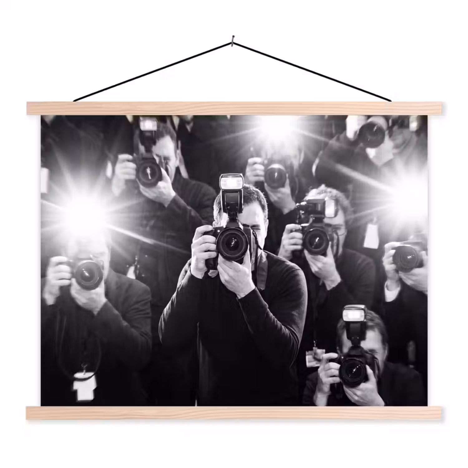 Mensen - Camera - Flitslicht - Zwart-wit - Media textielposter latten blank klein -3d