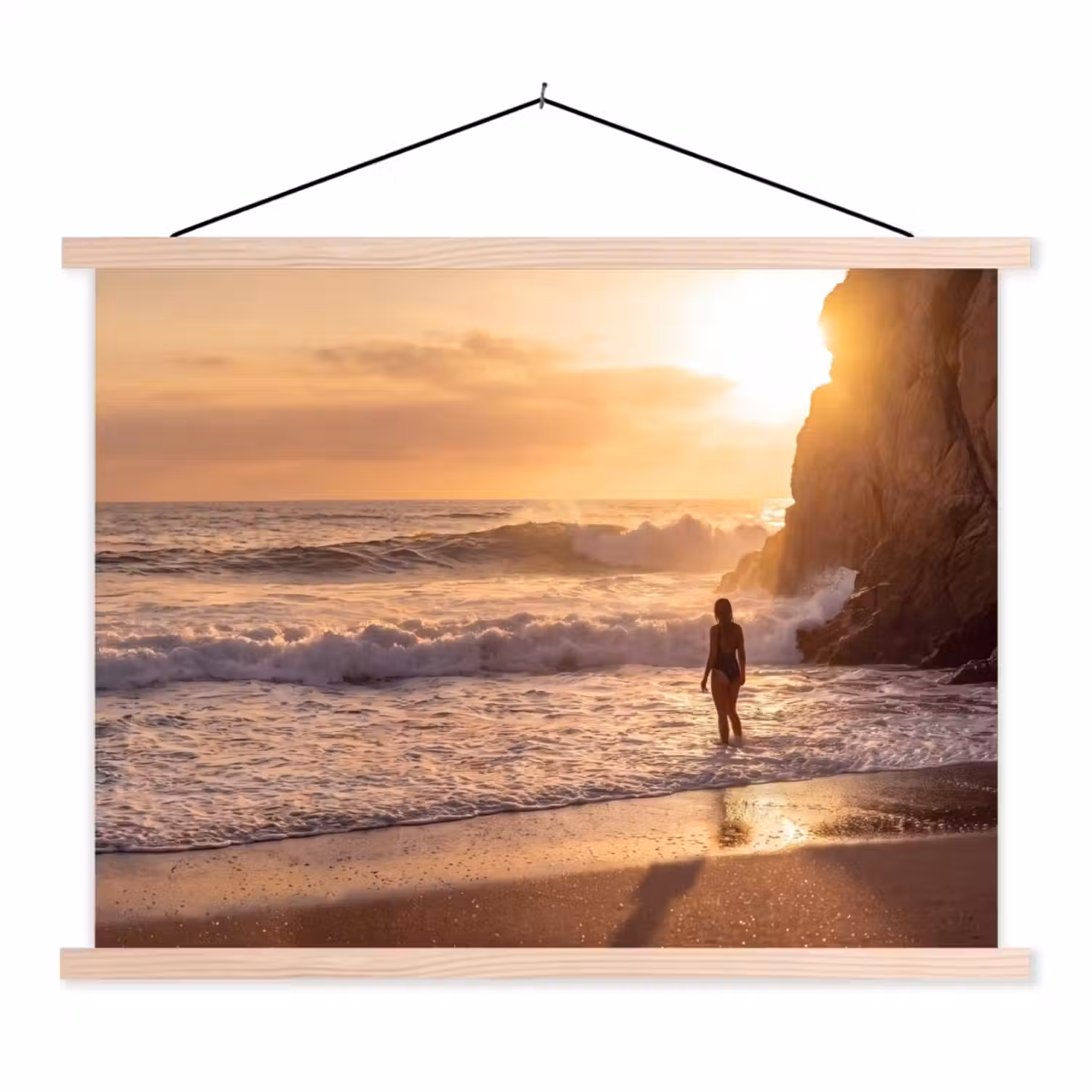 Mensen - Oceaan - Zonsondergang - Kust - Goud textielposter latten blank klein -3d