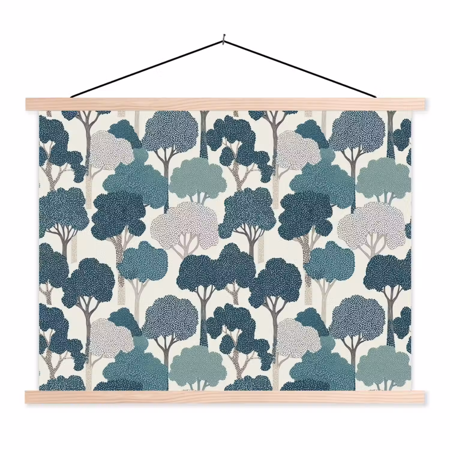 Modern - Bomen - Bos - Patroon - Blauw textielposter latten blank klein 122 -3d