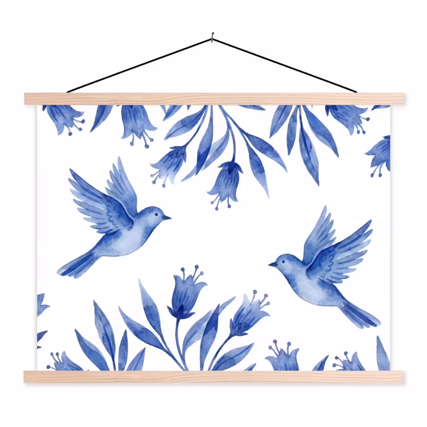 Modern - Vogels - Delfts - Blauw textielposter latten blank klein -3d