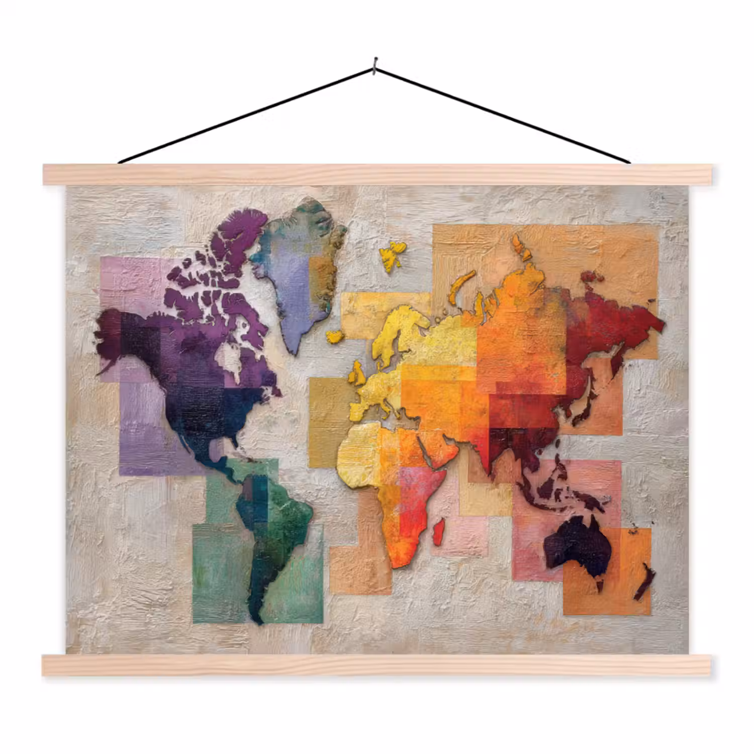 Modern - Wereldkaart - Kleurvakken textielposter latten blank klein -3d
