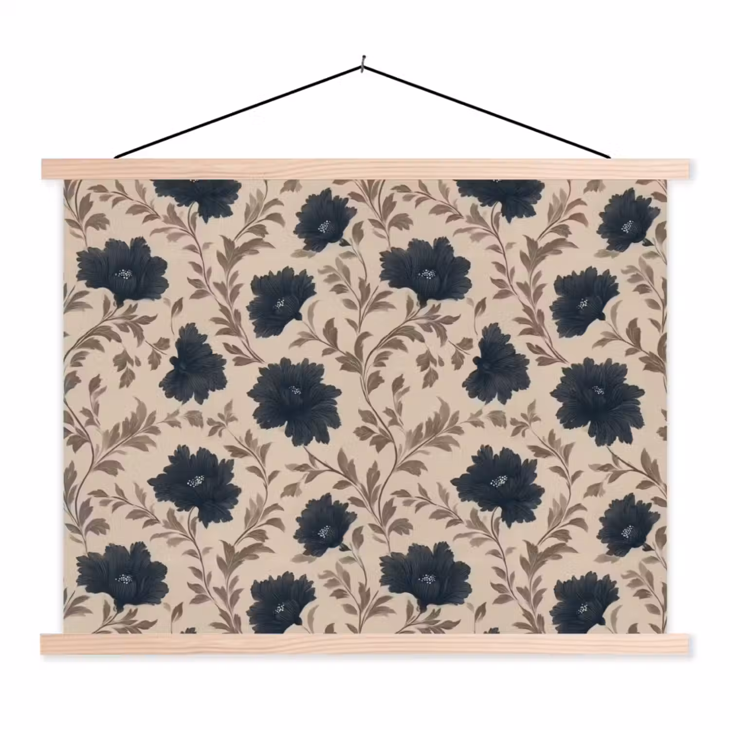 Motief - Bloemen - Zwart - Beige textielposter latten blank klein 122 -3d