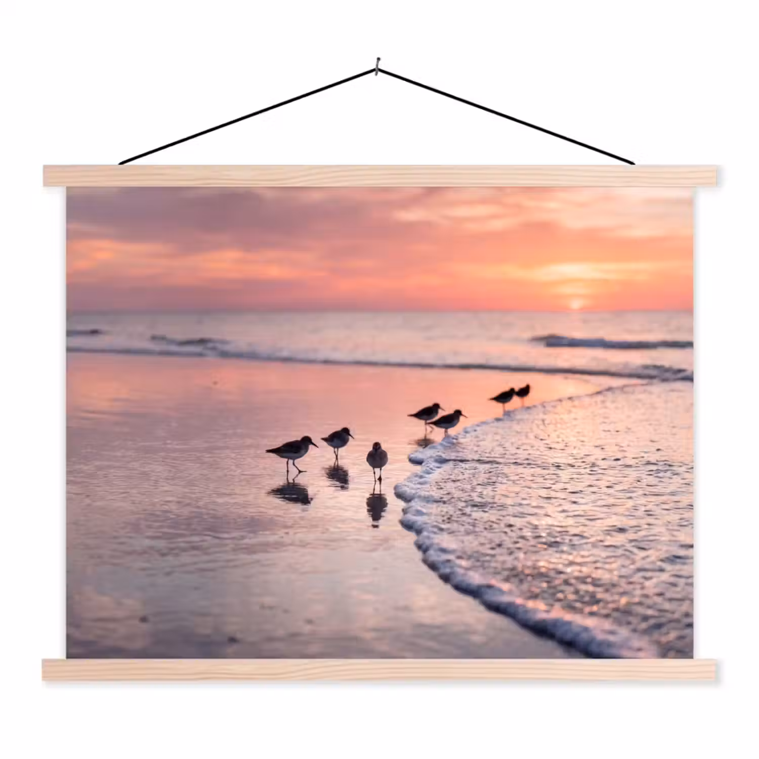 Meeuwen - Strand - Zee - Roze textielposter latten blank klein -3d